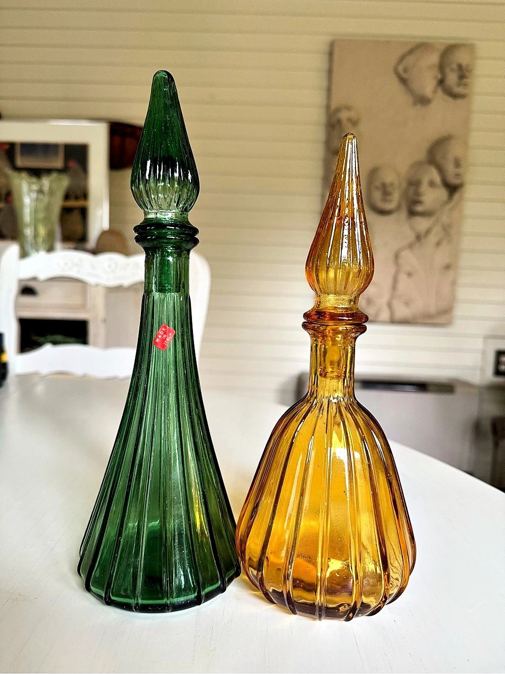 Vintage 1960-1970s Empoli Italian Green and Amber Glass Genie Bottle Pair MCM